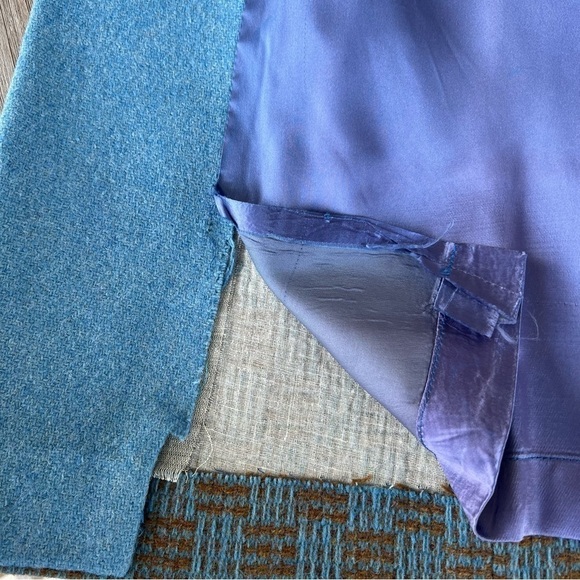 Vintage Checkerboard Plaid Tweed Double Breasted Wool Coat Blue Tan Satin Lined - Picture 15 of 16